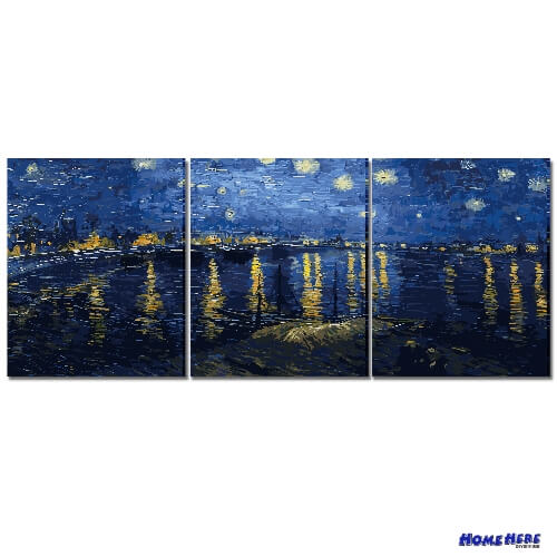 數字油畫 三拼 大型拼畫 梵谷 隆河的星夜 50x40x3幅