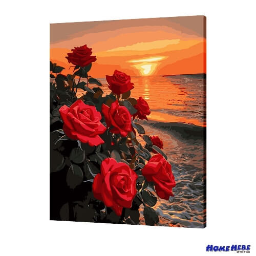 數字油畫 夕陽與紅玫瑰