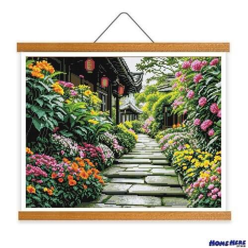 鑽石畫 繁花幽徑覓古厝 掛軸無框版