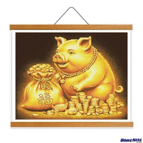 鑽石畫 金豬送福財運旺 掛軸無框版