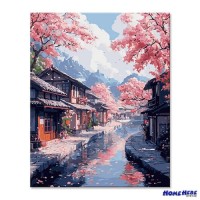 數字油畫 一溪落櫻滿庭春