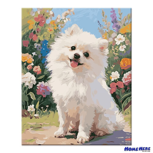 數字油畫 花叢博美