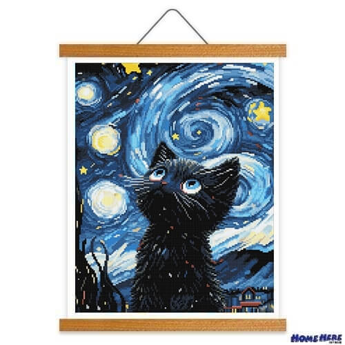鑽石畫 星夜喵鳴 掛軸無框版