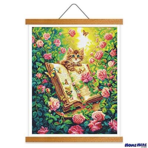 鑽石畫 玫瑰園中的書香喵語 掛軸無框版